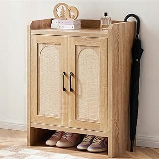 Shoe Cabinet Storage for Entryway, Natural Rattan Shoe Storage Cabinet, Wooden Shoe Rack Cabinet, Farmhouse Boho Wood Shoe Organizer Cabinet for Hallway image