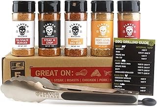 Flavor Brigade Gourmet Grilling Spices Gift Set for Guys, Dad, Men, BBQ Grill Accesories, Smoker, Seasonings, Rub, Steak, Burgers, Chicken, Fish & Stainless Tongs (5 Bottles, 7 Piece Set)