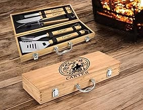 Personalized BBQ Tools – 5 Piece Grill Set with Custom Wooden Handles – Outdoor Cooking Gift for Dad, Him, Husband, Chef