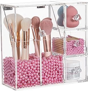 HBlife Makeup Brush Holder, Acrylic Makeup Organizer with 2 Brush Holders and 3 Drawers Dustproof Box, Free Pink Pearl Included image