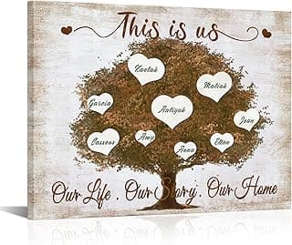 iLOOKLiKE Personalized Family Tree Wall Print Decor with Name Custom 'This is Us Our Life Our Story Our Home' Quote Poster Giclee on Canvas for Home Decor Living Room Gift image