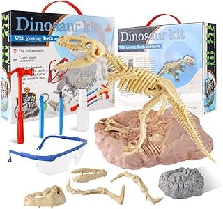 Dinosaur Toys Science Educational Kit Kids Gift, Dig It up Excavation Fossil 3D Skeletons Digging Set, STEM Activtives Dino Gifts Geographic Geology Kits with Glowing Teeth for 7 8 9 11 12 Boys image