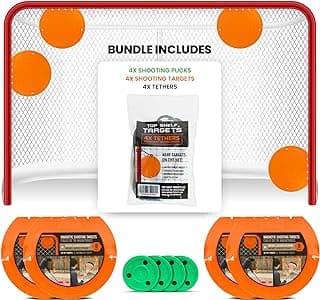 Combo Bundle with Durable Magnetic Hockey Targets/Lacrosse Goal Targets, 4 Tethers and 4 Pucks | Hockey Net Goalie Targets for Shooting Practice and Training