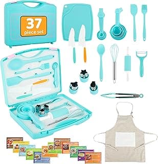 Kids Cooking Sets Baking Set with Storage Container 37 Piece Real Cooking Supplies with Cooking Utensils Cookbook Knives Apron for Girls Boys image