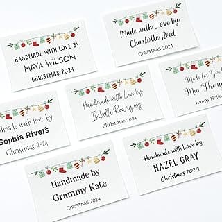 Custom Sewing Labels, Set of 12 Labels | Personalized Cotton Fabric Tags 2”x3” Each– Sew On or Iron On – Gift for Quilters, Knitters, mom, Grandma – Machine Washable Quilt Tags - Christmas Garland