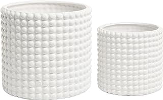 MyGift 6 Inch Ceramic Round Planter Pot, Set of 2 Vintage-Style White Ceramic Flower Pots, Indoor Hobnail Textured Cylindrical Succulent Plant Containers image
