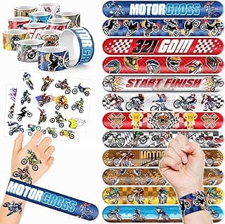 48PCS Dirt Bike Party Favors - 24PCS Tattoos & 24PCS Slap Bracelets, Motocross Bike Pattern, Ideal for Themed Birthday Parties, School Prizes, and Classroom Gift Exchange for Kids image