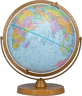 Pioneer 12" Diameter Globe, USA Cartography with Raised Mountain Relief and Sturdy Metal Base. Get a closer look at the world, thanks to the gyro-matic mounting that swings up or down to bring any area into closer view. Vivid colors help to easily distinguish political boundaries. Numbered full-meridian and gyro assembly.
