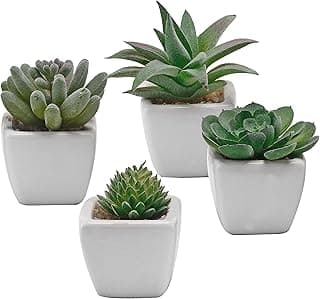MyGift Mini Assorted Artificial Green Succulent Plants Potted in Square White Ceramic Planter Pots, Set of 4 image