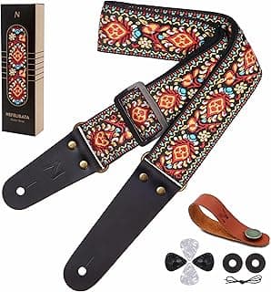 Nefelibata Guitar Strap, Embroidered Cotton Guitar Straps with Head Cowhide Leather Ends for Bass, Electric & Acoustic Guitars, with Free Strap Button, 1 Pair Strap Locks and 4 Guitar Picks (Saffron) image