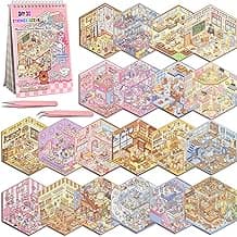 20 Sets DIY 3D Sticker Scene, Sticker Therapy Scenes Collection Book for Adults Stress Relief Pass The Time, Make Your Own House Miniature Cute Cartoon Animal Isometric Scene Funny Stickers for Kids