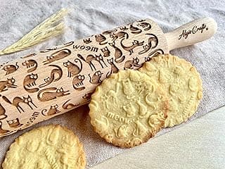 MEOW CATS EMBOSSING ROLLING PIN WOODEN HANDMADE ROLLING PIN with CATS GIFT FOR CAT LOVERS image