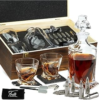 Whiskey Decanter and Stones Gift Set for Men - Whiskey Decanter, 2 Twisted Whiskey Glasses, 10 Stainless Steel Stones, 2 Slate Coasters, Tongs & Freezer Pouch in Wooden Gift Box image