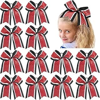 12 PCS 8" Large Glitter Cheer Bows Red Black Girl Hair Bows Sparkly Cheerleading Softball Team Bow Hair Accessories for cheerleaders football Competition Sports image