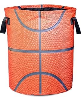 Basketball Texture Laundry Basket Ball Foldable Waterproof Oxford Cloth Funny Tote Bag Laundry Hamper Clothes Storage Bucket Toy Organizer For Bathroom/Laundry Storage/Bedroom 17.7x13.7 Inch image