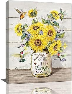 Sunflower Wall Art Farmhouse Sunflower Hummingbird Pictures Wall Decor Country Rustic Canvas Prints Artwork Paintings Home Decorations For Bathroom Kitchen Dinning Room Bedroom Framed 12"x16" image