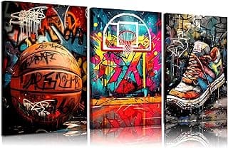3pcs Basketball Graffiti Canvas Wall Art Retro Abstract Graffiti Teen Wall Decor Pictures Basketball Court Sneakers Posters Prints Paintings for Teen Boys Living Room Bedroom Decoration Ready To Hang image