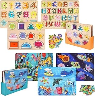 Wooden Toddler Puzzles (6-Pack) and Storage Rack, Peg Puzzles, Alphabet, Numbers, Shapes, Animals image