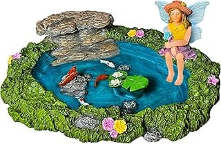 Mood Lab Fairy Garden - Miniature Fish Pond & Fairy Figurine Kit - 2 pcs Set of Garden Accessories - Outdoor or House Decor image