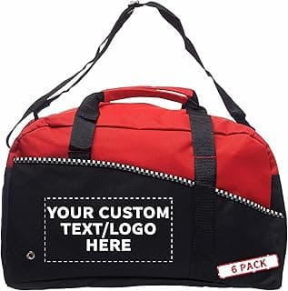 6 Center Court Duffel Bags Set - Customizable Text, Logo - Polyester, Zippered, Front Pocket, Adjustable Strap - Red