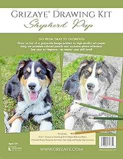 Grizaye Drawing Kit: Shepherd Pup | Pre-Printed on Art Paper, with a Set of 12 Colored Pencils, Photos, Step-by-Step and Color Guide for Art Lesson on How to Draw a Dog image