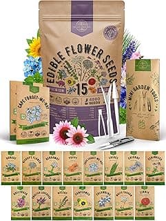 Organo Republic 15 Edible Flower Seeds Variety Pack- Indoor/Outdoor. 4800+ Non-GMO Heirloom Flower: Borage, Bishop's Flower, Chicory, Chives, Hyssop, Echinacea, Lavender Seeds & More image