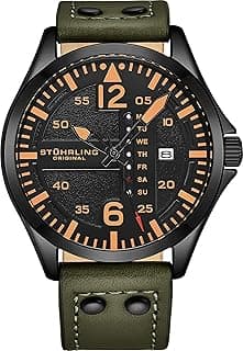 Stuhrling Original Mens Leather Watch -Aviation Watch, Quick-Set Day-Date Leather Band with Steel Rivets, image
