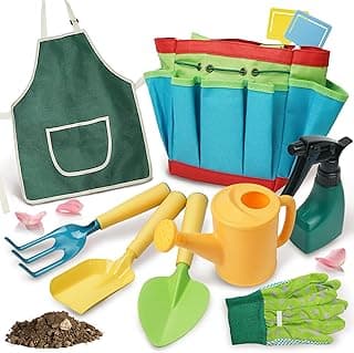 Kids Gardening Set - Toddler Gardening Set with Shovel Rake Trowel, Apron Tote Bag Watering Can for Kids Gardening Tools - Ideal Kids Gardening Tools Gift for Boys and Girls image