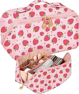 Bistup Makeup Bag Travel Cosmetic Bag Toiletry Make Up Bags Cute Women Large Capacity Big Medium Leather Strawberry Portable Teen Girls Teenage Kawaii Foldable Expandable Compact Open Flat Zip image