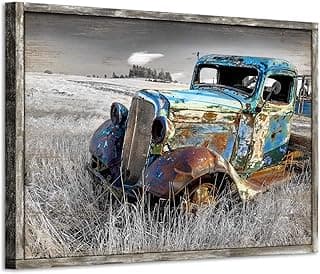 Rusty Truck Wooden Wall Art: Vintage Blue Car Pictures Countryside Artwork Framed for Farmhouse (36”W x 24''H, Multi-Sized) image