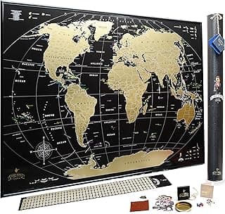 Scratch off map of the World MyMap Black Gold Large Travel map Wall Poster 35x25 Push pin map Includes Pins Tube Flags poster Map Scratch