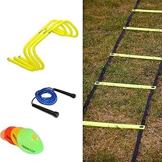 Football Fitness Training Set - Sports Exercise and Strength Equipment - Home Gym Workout - includes 3 x 6 Hurdles, 1 x Adjustable Agility Ladder, 20 x Marker Cones, 1 x FH Skipping Rope image