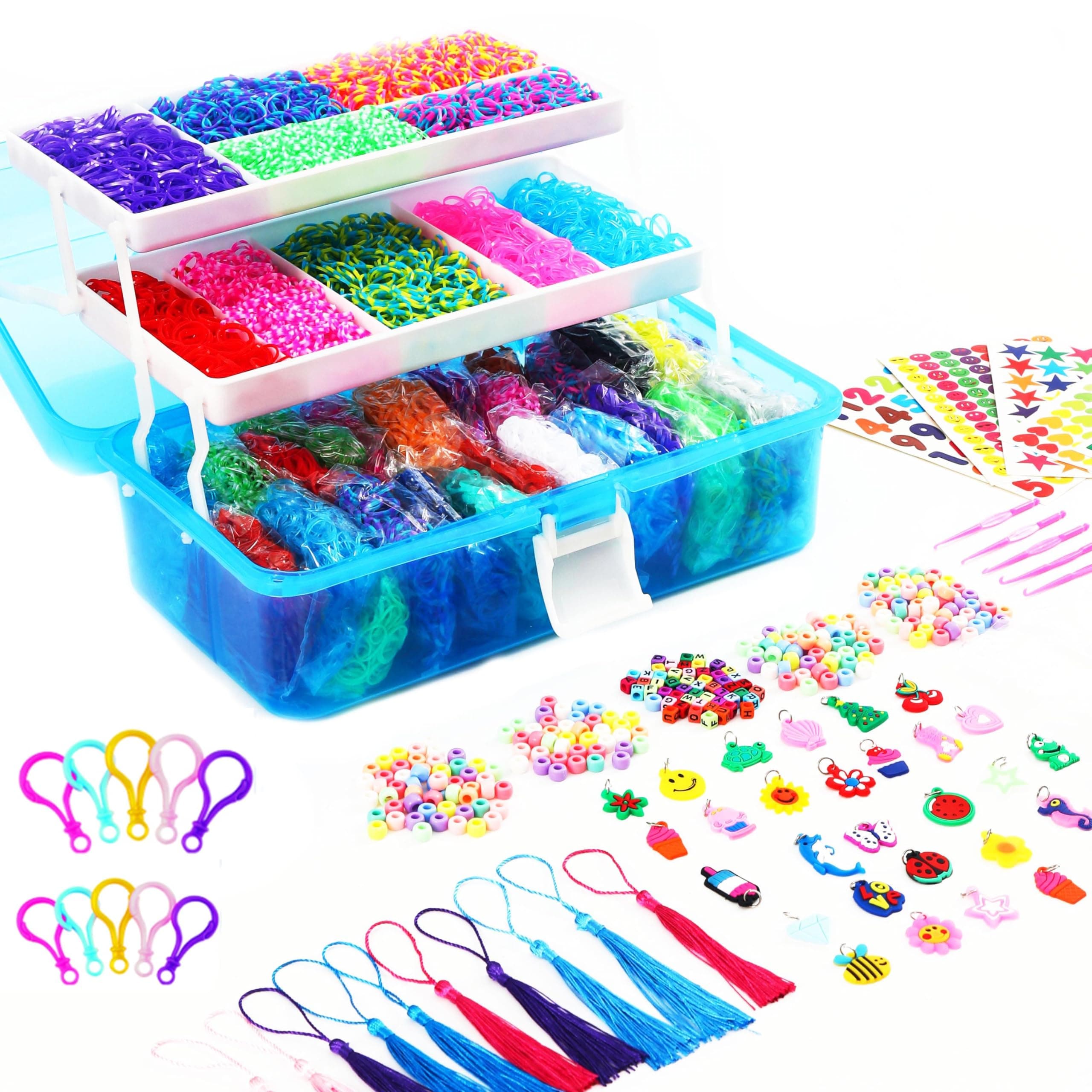 15000+ Loom Rubber Bands Bracelet Kit, Rubber Bands for Bracelet Making Kit,Loom Bracelet Making Kit with 3 Layer Container,30 Colors,380 Beads, Charms Hooks Tools image