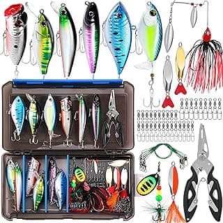 PLUSINNO Fishing Lures Fishing Tackle Box Fishing Gifts for Men, Bass, Trout Fishing Accessories Kit for Saltwater & Freshwater Fishing Gear Including Topwater Lures, Hooks, Spinnerbaits image