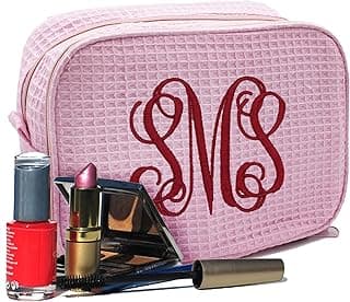 Personalized Makeup Bag - Bridesmaid Make Up Cosmetic Case - Monogrammed and Embroidered (Pink) image