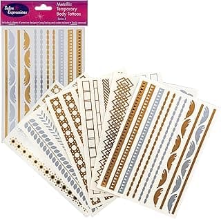 Metallic Temporary Tattoos- Six Sheets of Gold and Silver Long Lasting Flash Fashion Designs (Series 3) image