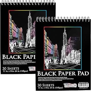U.S. Art Supply 11x14 Premium Heavy-Weight Black Paper Sketchbook, 64lb (140gsm), 2 Pack, 30 Sheets, Spiral Bound, Black Paper Notebook for Colored Pencil, Markers, Oil Pastels, Chalk, Charcoal image