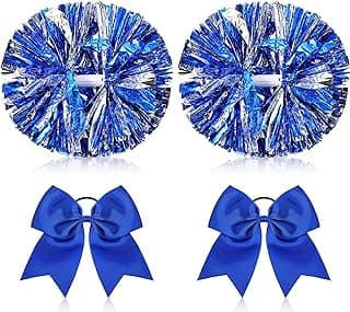 2 Pack 14 Inch Metallic Cheerleading Pom Poms with 2 PCS Cheerleader Hair Bows for Adults Team Spirit Cheering Football Baseball Softball Dance image