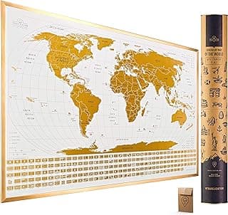 Scratch Off World Map with 196 Country Flags 24" x 17" Frameable Travel Map with Vibrant Colors and Premium Gold Coating, Beautiful Visited Places Tracker for Travelers, White