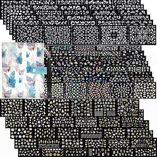102 Sheets Nail Art Stickers & Storage Book,5200 Pieces 3D Self-Adhesive White Floral Nail Stickers with Rhinestones Designs, Multicolor Laser Gold Nail Decals for Women Girls DIY Manicure Decorations image