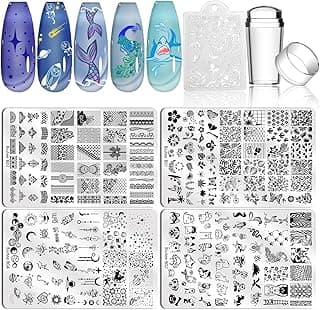 Biutee Nail Stamping Plate Set 4PCS Large Nail Art Stamp Plate with Nail Stamper and Scraper Starry Sky Star Moon Space Planet Animal Flower Leaf Plant Pattern Nail Stamp Stencils Template Kit image