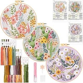 JSRQT 3 Sets of Beginners Embroidery Starter Kit,Needlepoint Embroidery Kit with Flowers and Plants Patterns,DIY Handmade Sewing Craft with Embroidery Hoops and Needles Threads