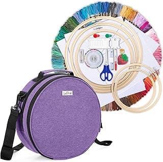 LoDrid Embroidery Kit, Double-Layer Round Storage Bag with Complete Cross Stitch Tools Kit, Embroidery Starter Kits for Beginners, Adults, with Handles and Shoulder Strap, Purple image