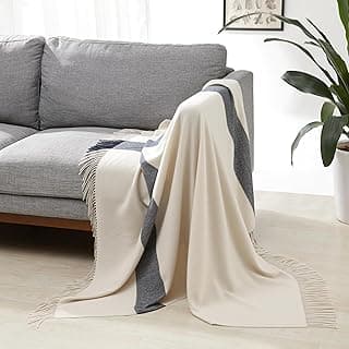 Amazon Basics Room Décor Throw Blanket, Lightweight and Cozy in Recycled Polyester, Ivory With Blue Cross-check Pattern, 50"x 60" image