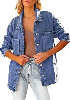 luvamia Denim Jacket for Women Trendy Oversized Button Down Jean Jacket Long Sleeve Slit Hem Shacket Jackets with Pocket image