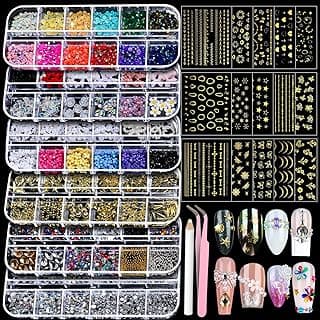 Teenitor Nail Charms Nail Art Kit with 15 Sheets Gold Nail Stickers, 6 Boxes of Nail Gems Nail Art Tools Nail Rhinestones for Nails, Nail Supplies 3D Nail Charms and Gems Nail Decals Nail Pearls image