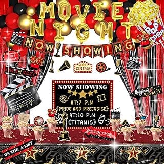 Movie Night Party Decorations Kit, Movie Hollywood Theater Theme Party Deocr Supplies Movie Ticket Star Popcorn Video Black Red Fringe Curtain Balloon Banner Tablecloth for Movie Night Party image