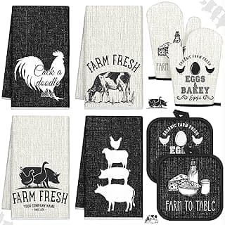 8 Pcs Farm Animal Theme Kitchen Towels Pot Holders and Oven Mitt Set 4 Farmhouse Dish Towels 2 Rustic Square Potholders 2 Decorative Heat Resistant Glove for Cooking Baking Home Gifting image