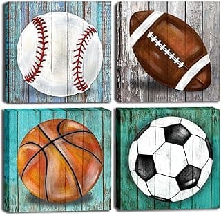 Boys Room Sports Decor Wall Art Posters, Baseball Football Basketball Soccer Canvas Pictures Teen Room Wall Décor, for Kids Bedroom Nursery Bedroom Living Room Playroom 12"x12"x4Pcs image