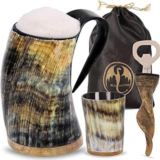 Viking Drinking Horn Mug, 15-20oz| Shot Glass and Bottle Opener| Ultimate Unique| Viking Gift for Men & Women| Food Grade Medieval Style (Plain) image